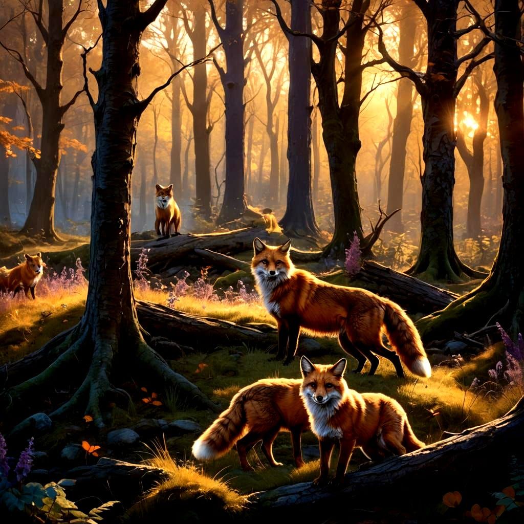 Vixen and Cubs in Woodland Clearing: Matte Painting