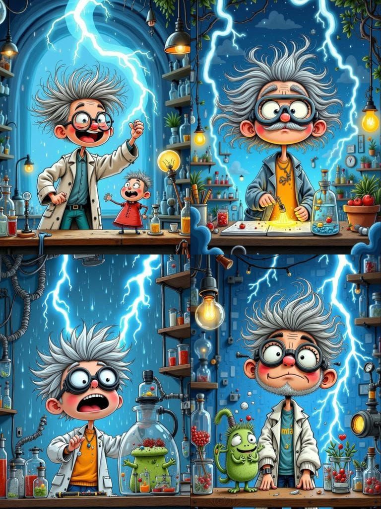 Cartoon Mad Scientist Creates Frankenstein Monster