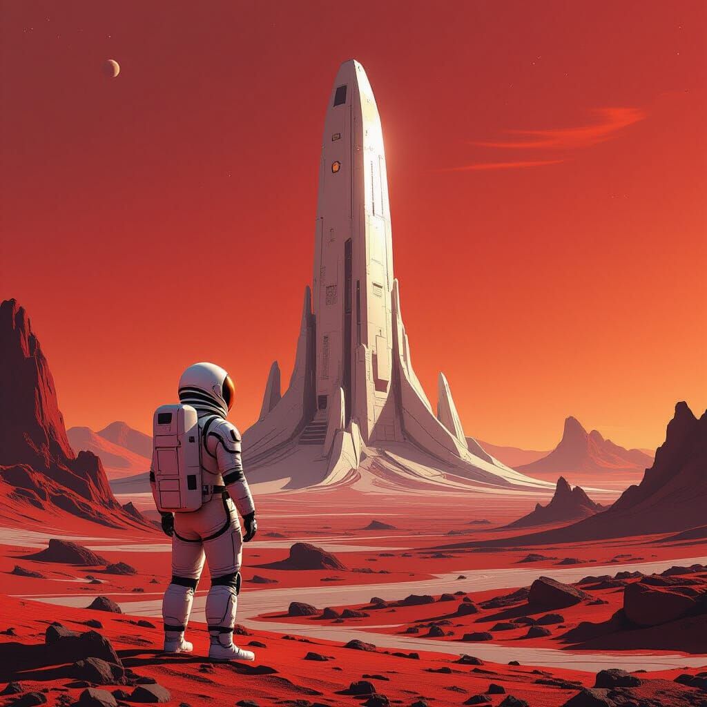 Astronaut Gazes at Ancient Alien Structure on Barren Planet