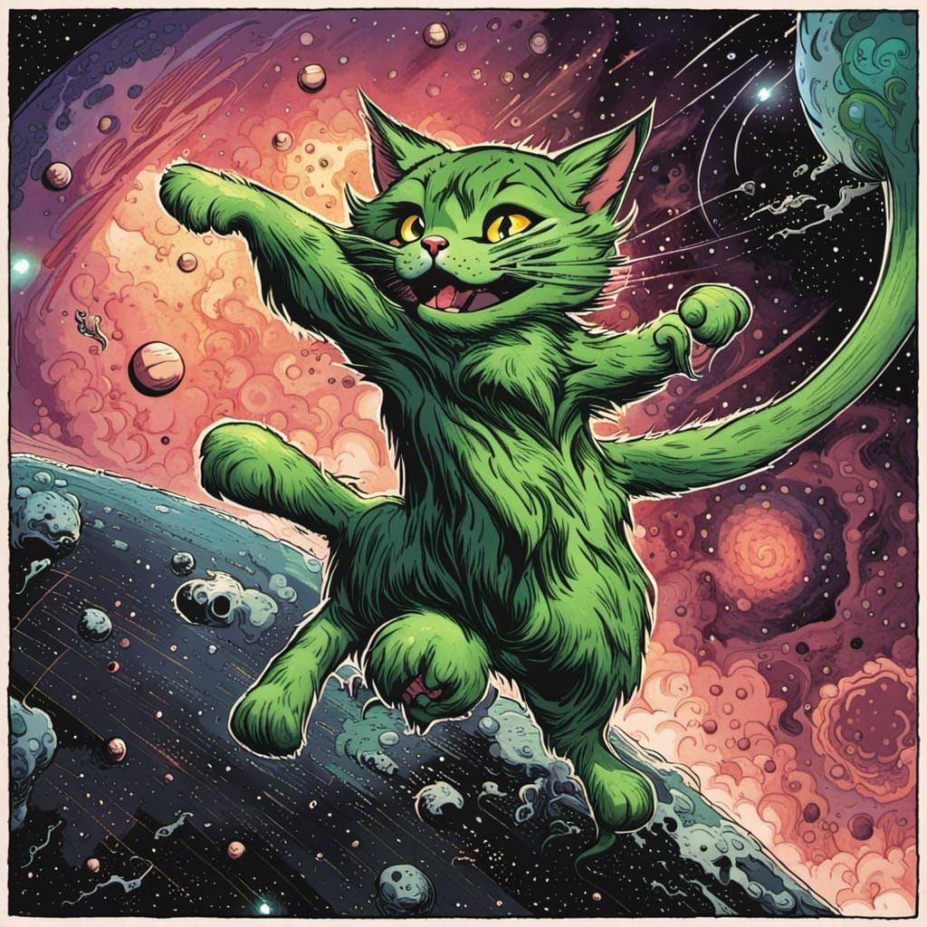 Six-Legged Green Cat Leaps into Space: Comic Book Art