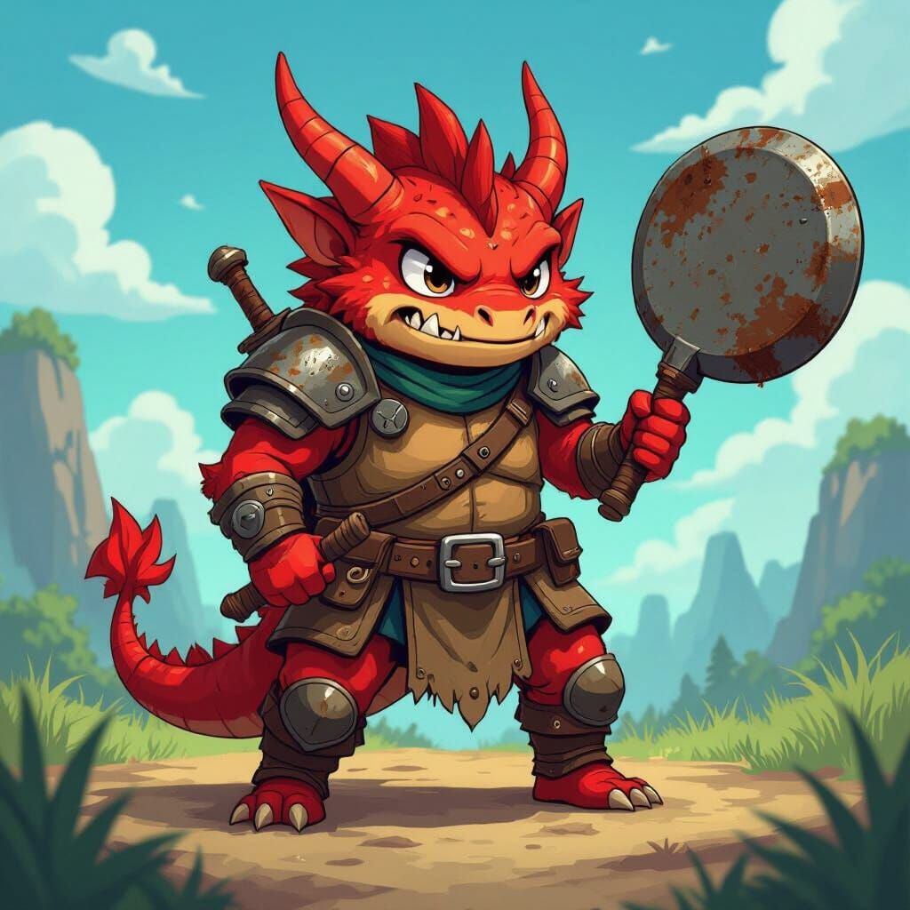 Kobold Barbarian with Frying Pan in Cartoon Style
