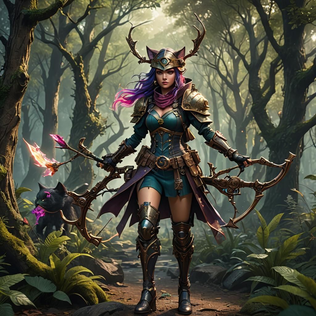 Fairy Cat Girl Steampunk Forest Battle in Detailed Matte Pai...