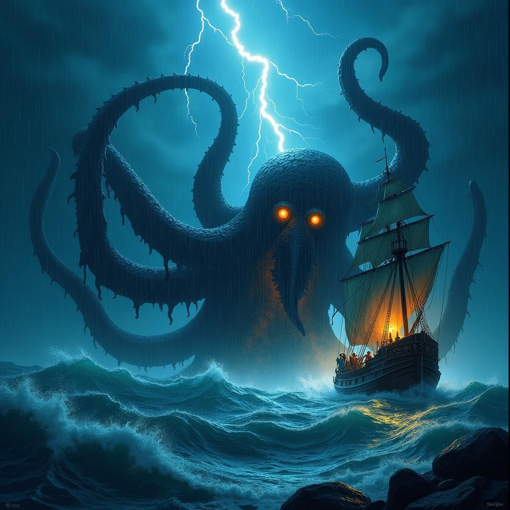 Giant Kraken Attacks Ship in Stormy Seas