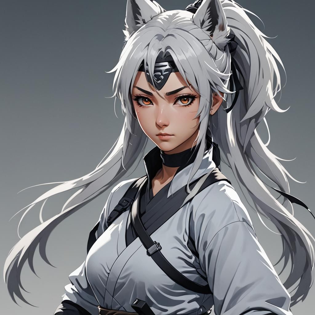 Anime Ninja Girl with Wolf Companion: Cel-Shaded Art