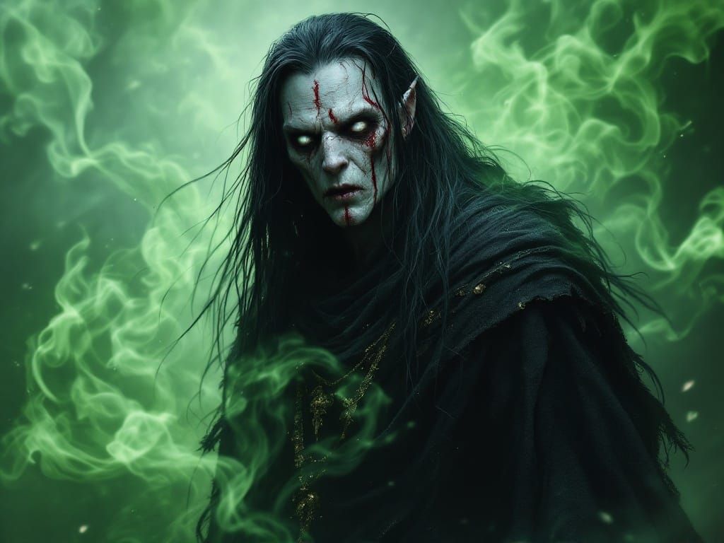Haunted Elvish Sorcerer in Tattered Black Robes Bathed in Gh...