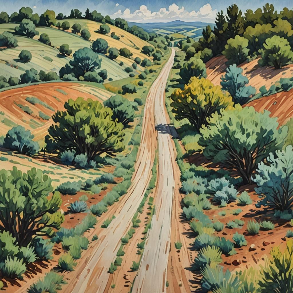 Dirt Roads Intersection in Gouache Impressionist Style