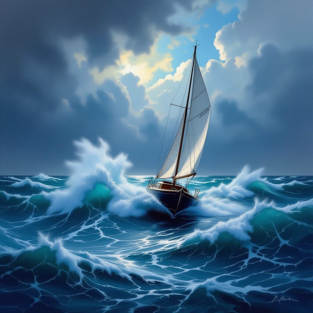 Dramatic Seascape: Sailboat Navigating Stormy Seas