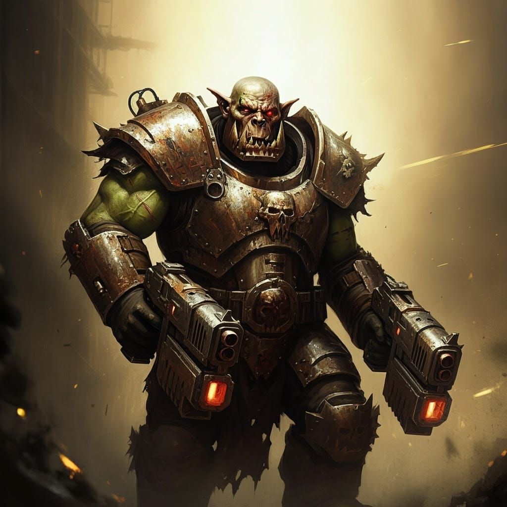 Ork Warrior in Power Armor, Grimy and Muscular, Wielding Pla...