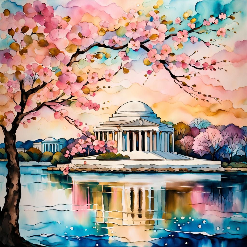 Jefferson Memorial in Cherry Blossoms: Alcohol Ink Art