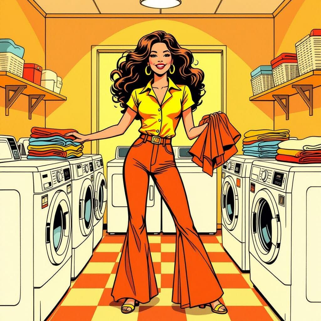 1970s Laundry Day Illustration with Big Hair Woman