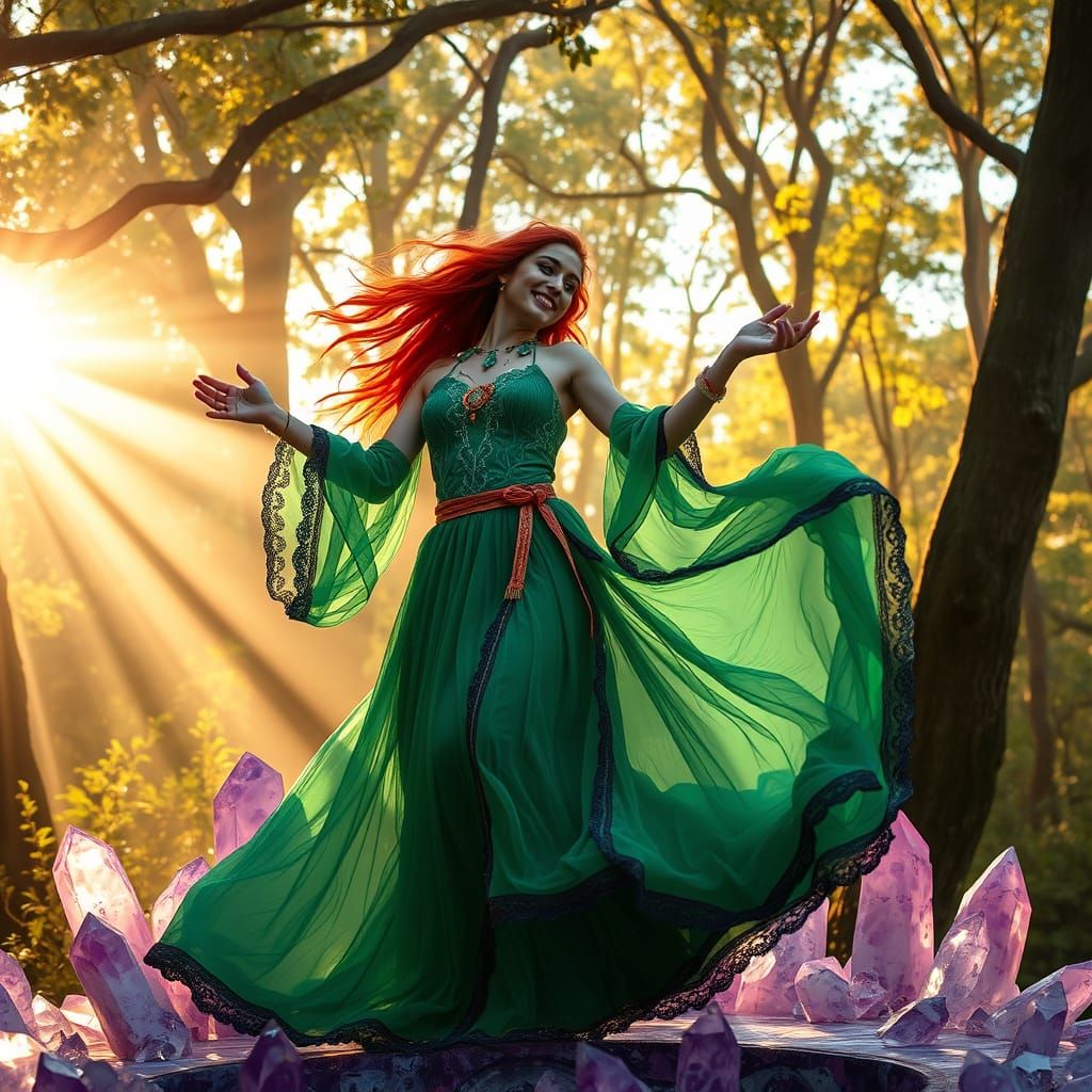 Gypsy Woman Dancing in Sunlit Forest