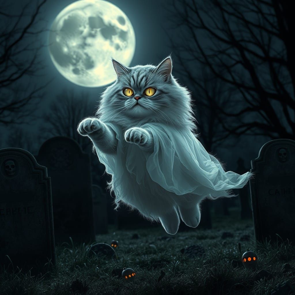 Ghostly Persian Cat Apparition in Moonlit Graveyard