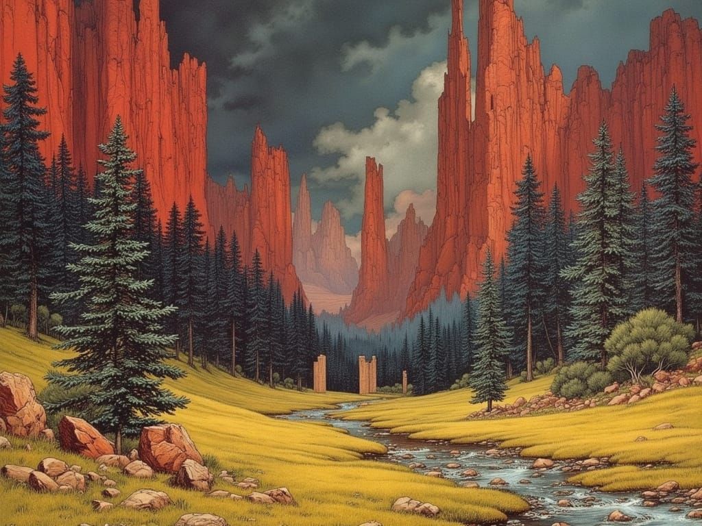 Surreal Alien Cliffs and Forest Landscape