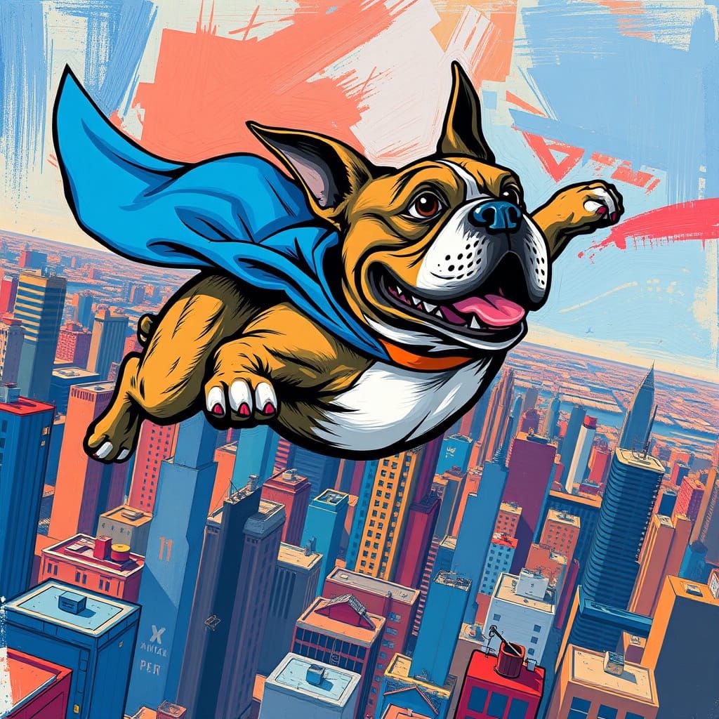Underdog Soaring Over Cityscape in Abstract Style