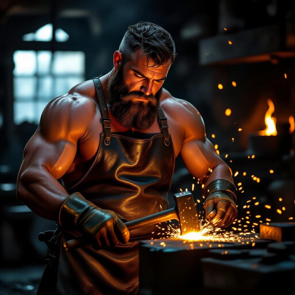 Blacksmith Forging Metal in a Dimly Lit Forge