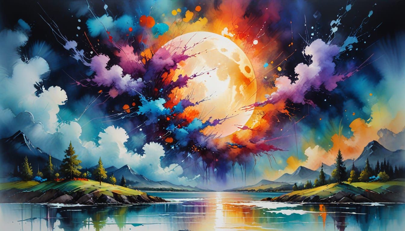 Surreal Full Moon Dreamscape Watercolor Painting
