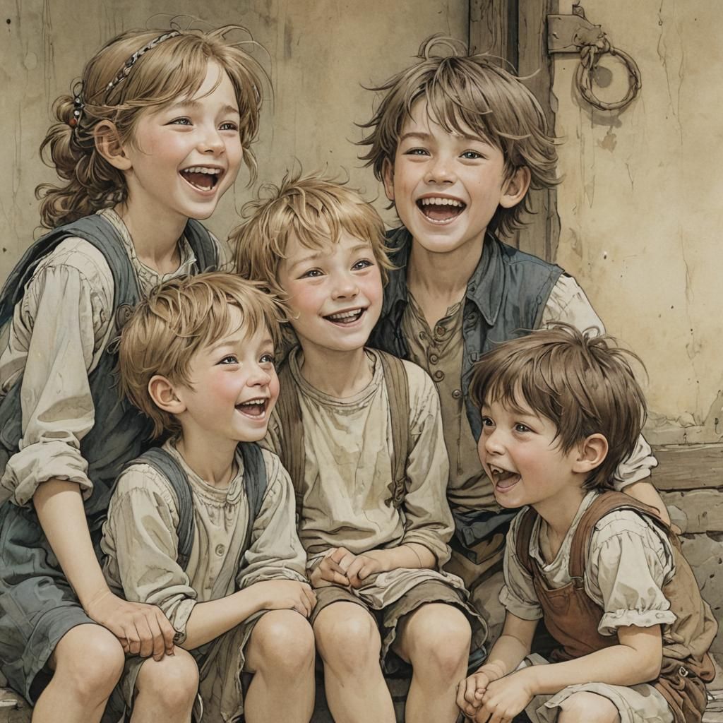Siblings Laughing: Whimsical Children's Book Illustration