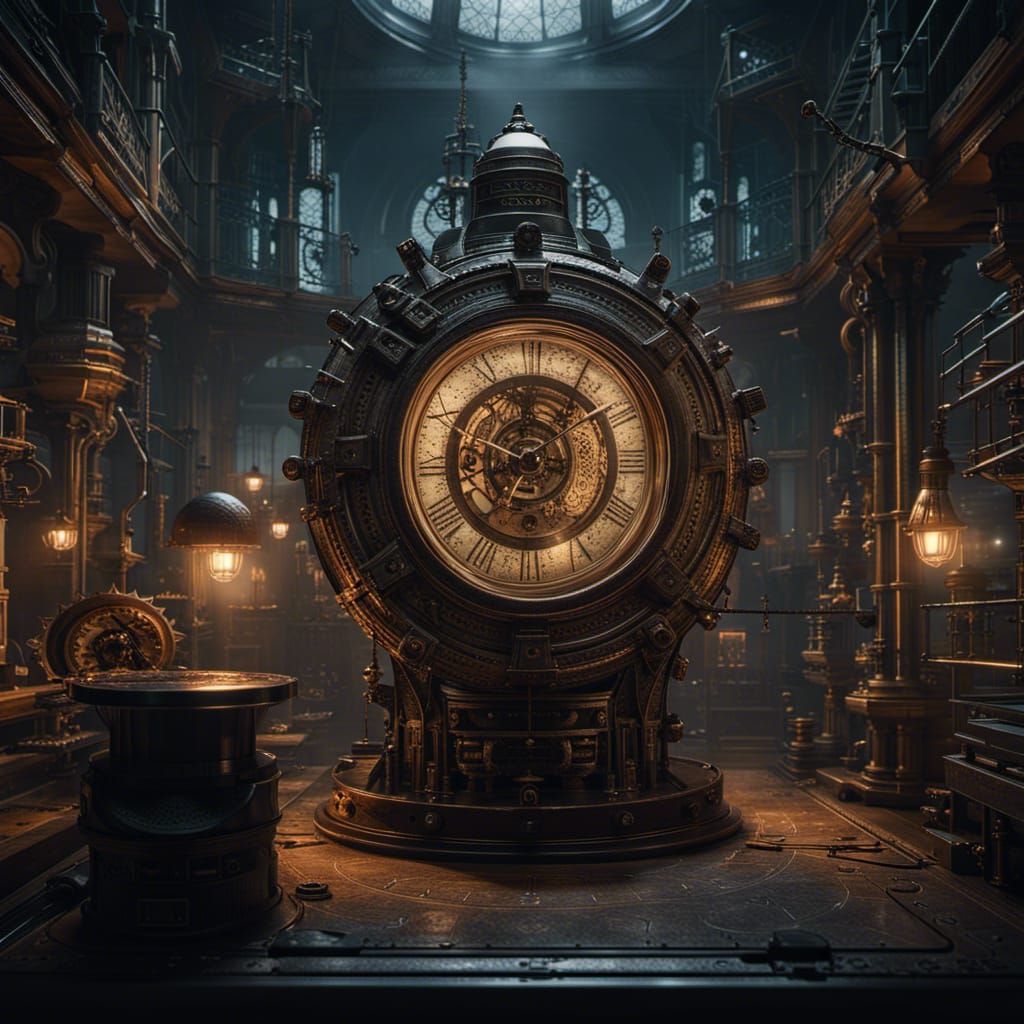 Intricate Time Machine in Dark Fantasy Style