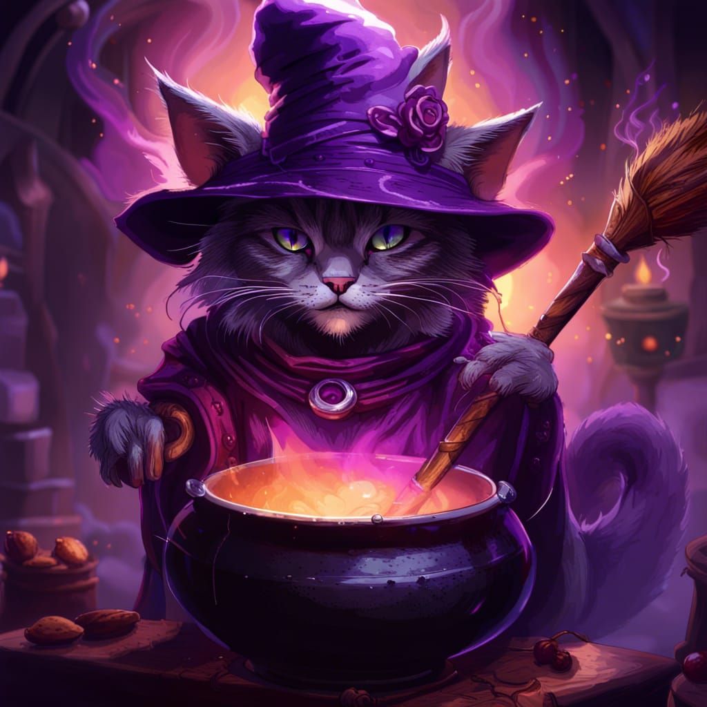 Cat Witch with Cauldron in Dark Fantasy Style