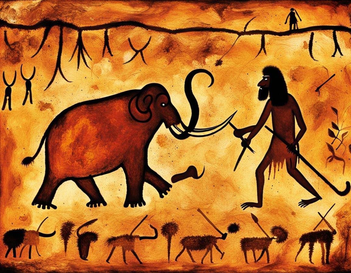 Cave Painting of Hunter and Mammoth in Prehistoric Art