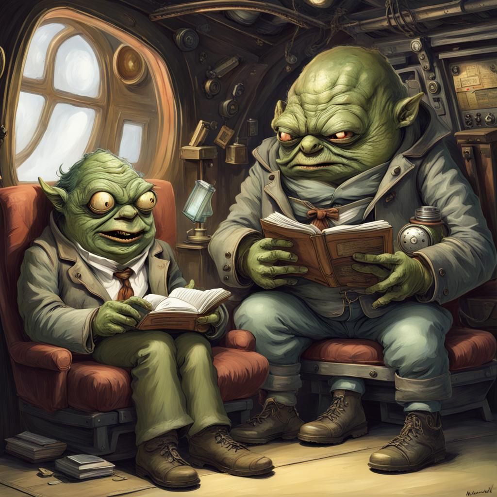 Alien teacher with his student, learning about English language poetry.