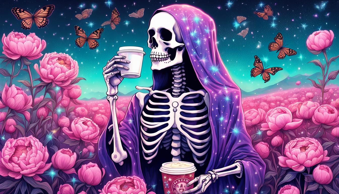 Girly Skeleton with Starbucks in Peony Field