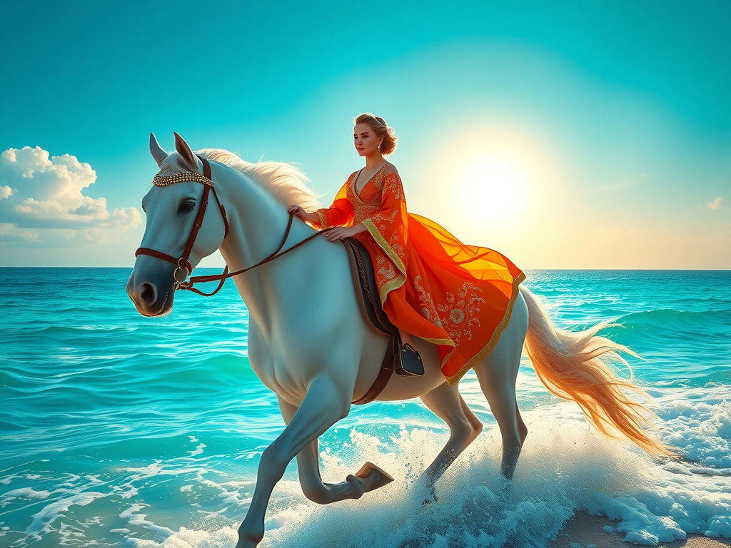 Woman on Arabian Horse Galloping by Sea