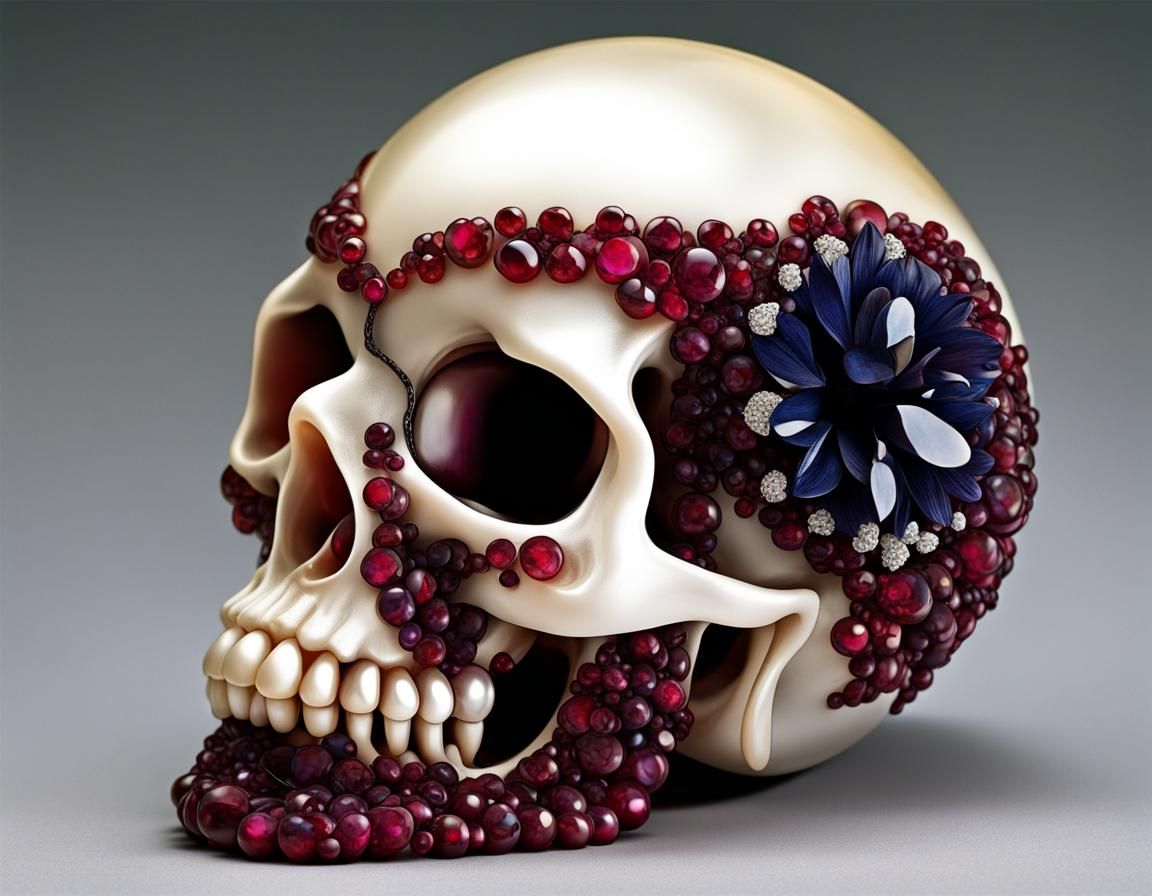Pearl Skull with Ruby Eyes and Diamond Tears