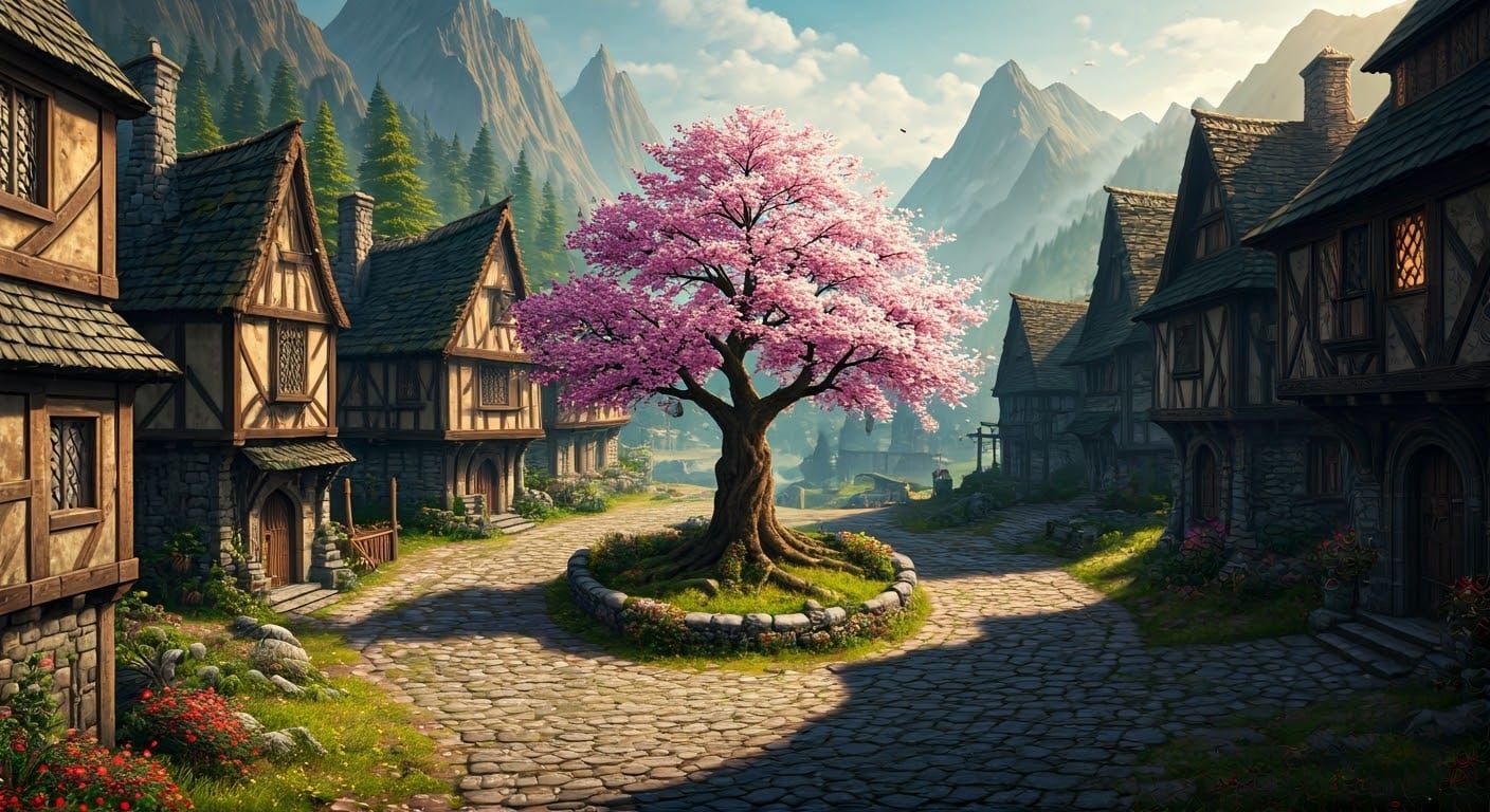 Medieval Fantasy Village in Late Spring Bloom
