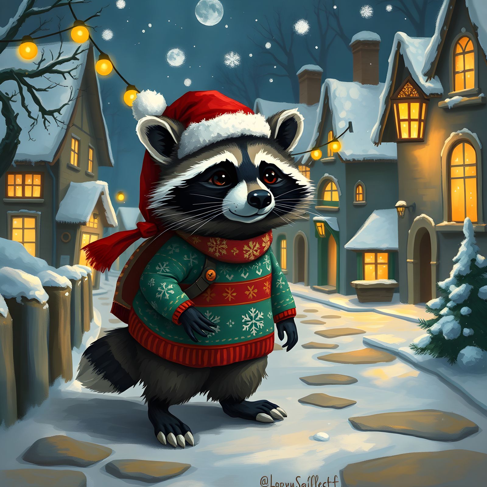 Holiday Raccoon Wandering Through Town at Night