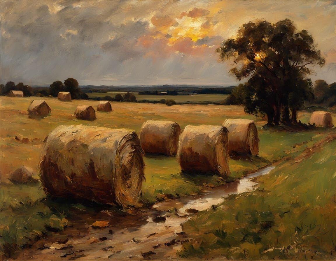 Haystacks Under Sunset: Rural Landscape Oil Painting