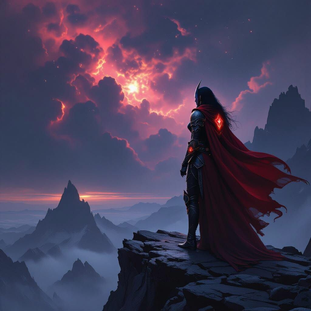 Drow Warrior Queen Overlooking Nebula in Dark Fantasy Style