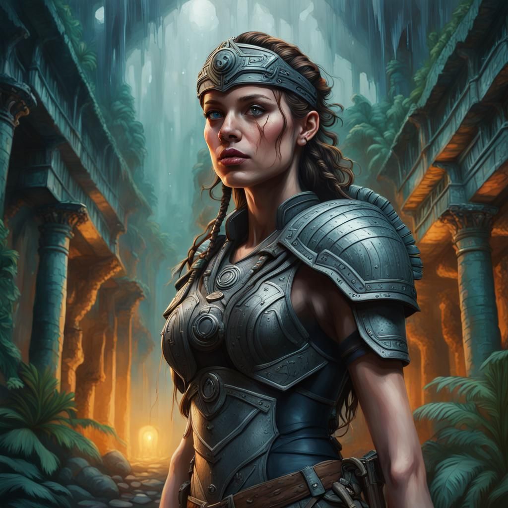 Valkyrie Explores Rainforest Ruins: Hyperrealistic Compositi...