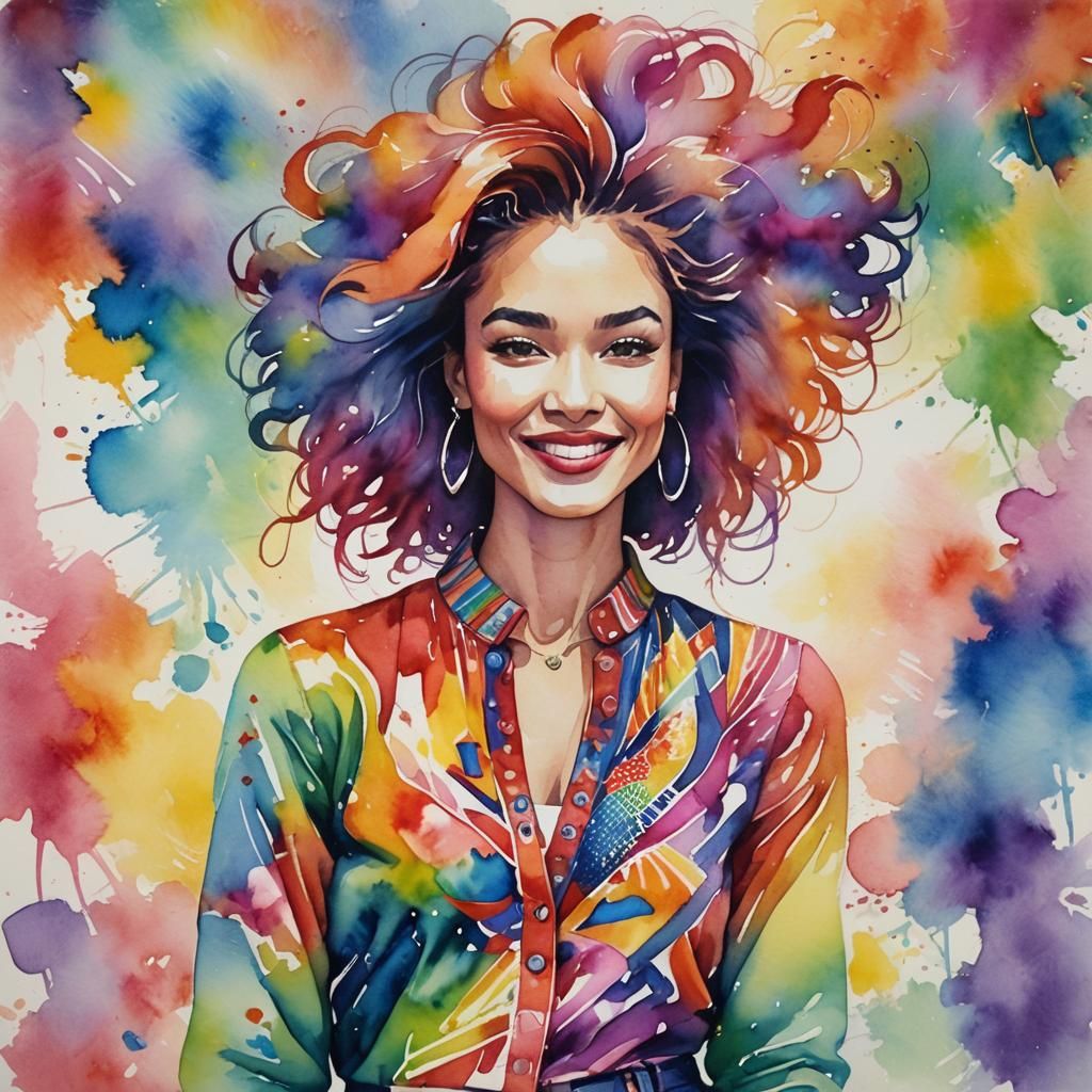 Rainbow Fashion Portrait in Watercolor Style