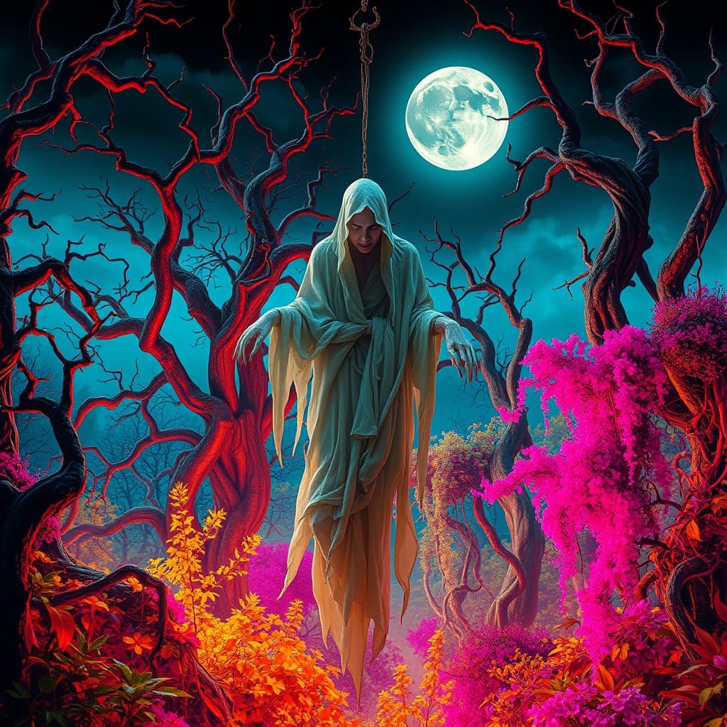 Spectral Figure in a Haunting Moonlit Garden