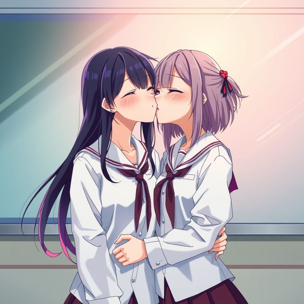 Adorable Bishoujo Girls Kissing in Anime Style