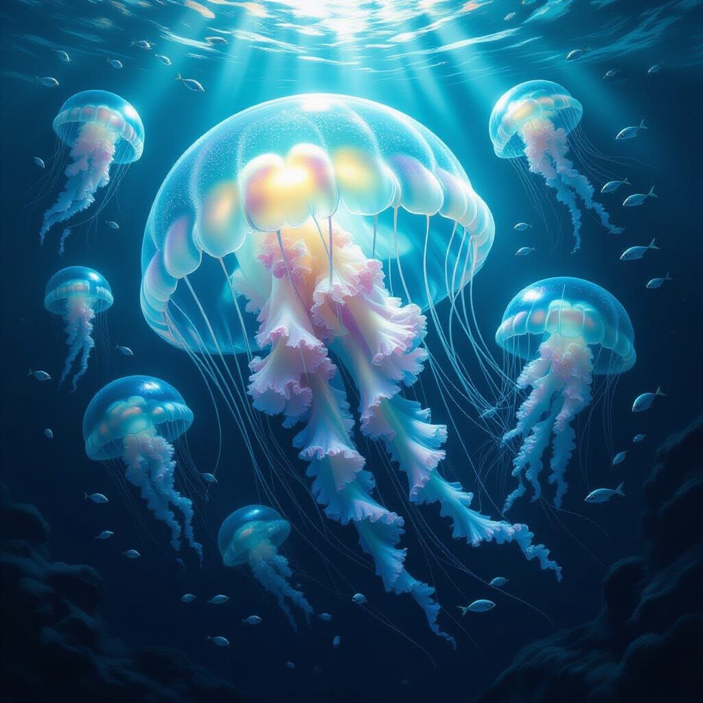Bioluminescent Jellyfish in Ethereal Ocean Trench