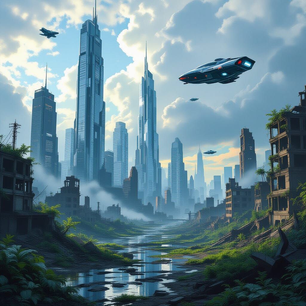 Futuristic Cityscape Juxtaposed with Post-Apocalyptic Ruin