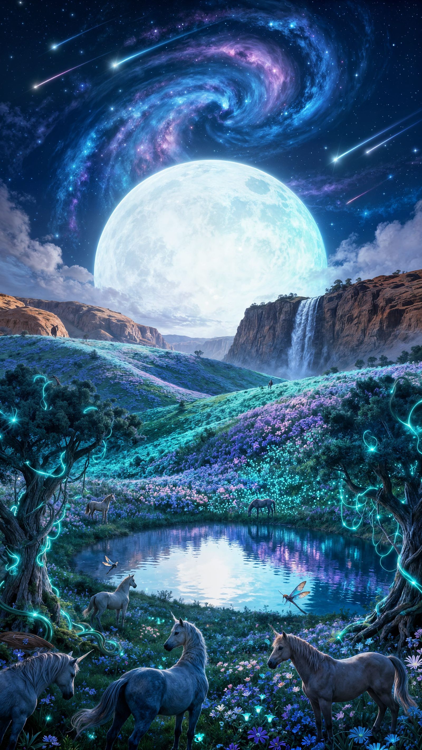 Otherworldly Landscape Under Giant Glowing Moon