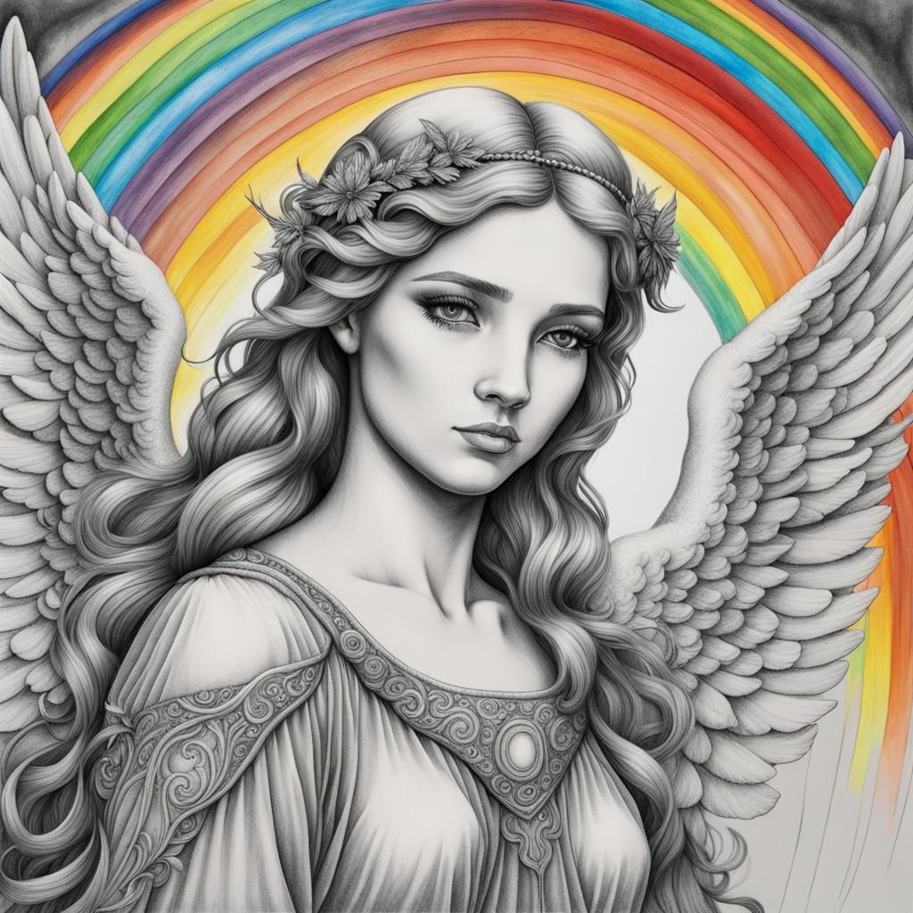 Detailed Charcoal Angel Coloring Page with Rainbow