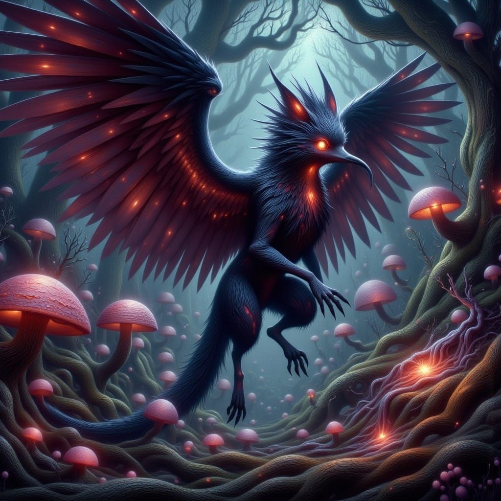 Mystical Winged Weasel with Piercing Red Eyes in a Dark Fant...