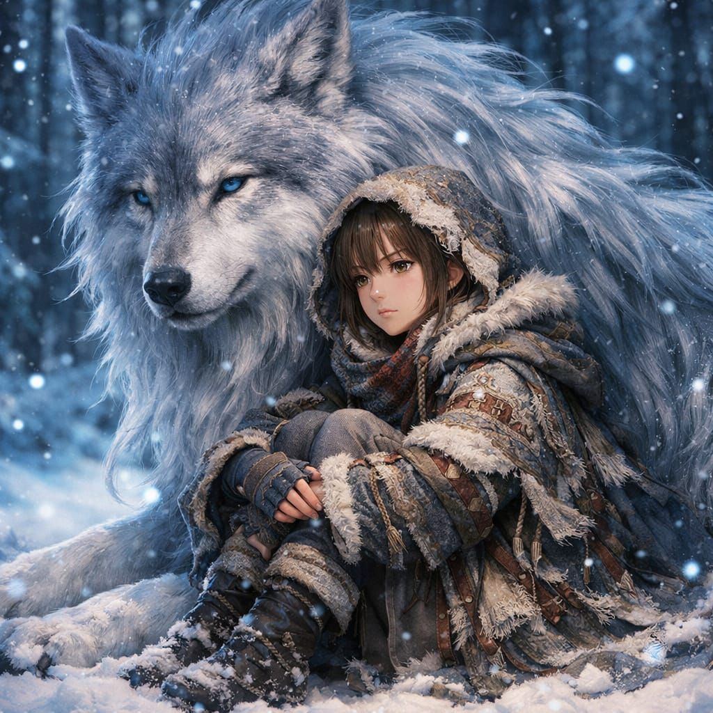 Anime Haute Couture Fantasy: Girl and Wolf in Winter Forest
