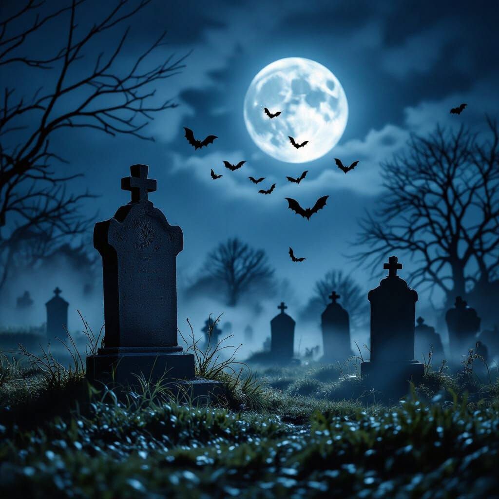 Atmospheric Graveyard at Night with Full Moon