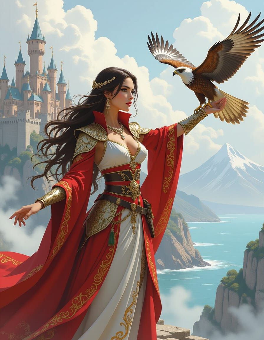 close-up, grey clouds ,  grunge painting ,beautiful 
female magician is a warrior in a beautiful full outfit , in the fa...