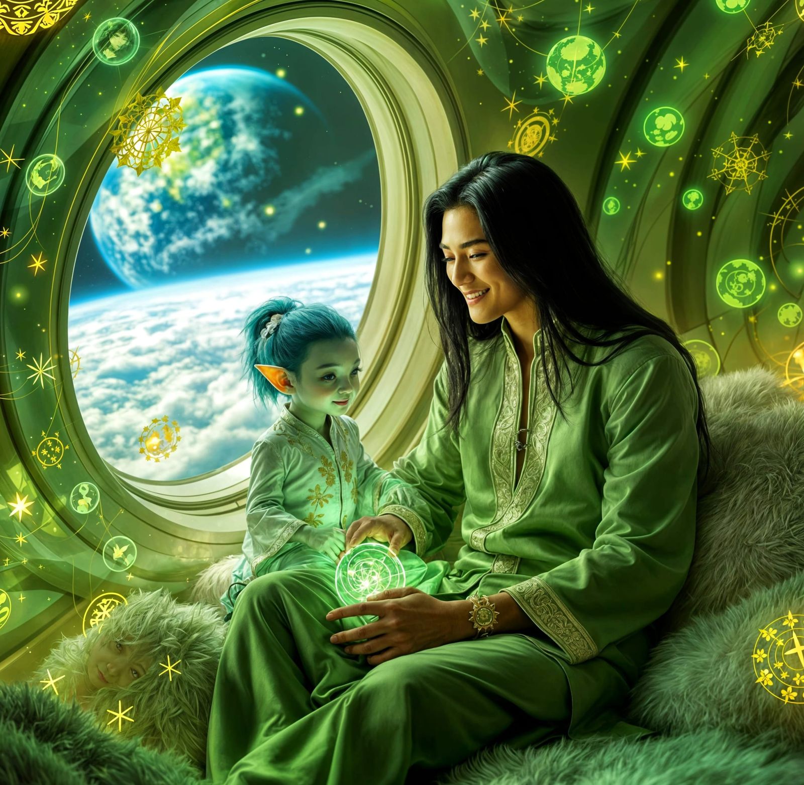 Gentle Man and Alien Child in Futuristic Spaceship