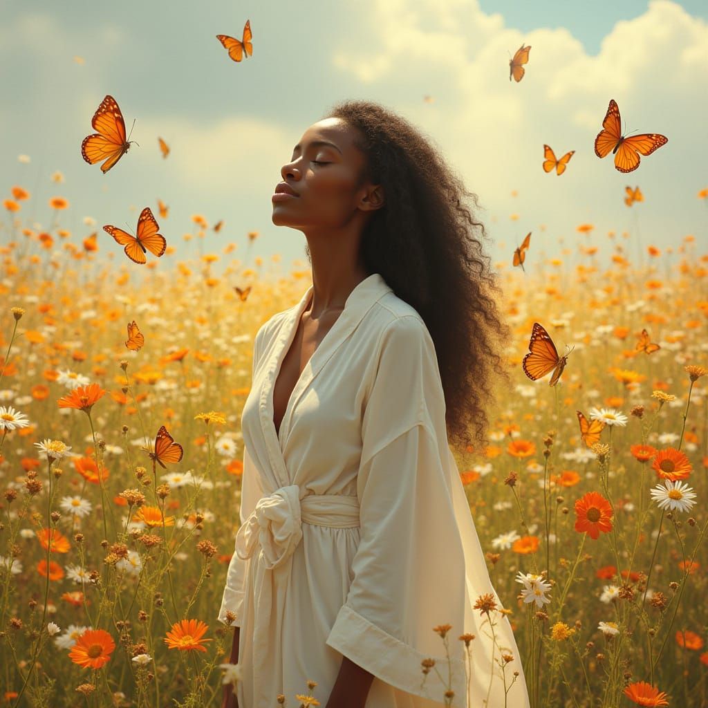 Black Woman Radiates Serenity in Sun-Kissed Wildflower Meado...