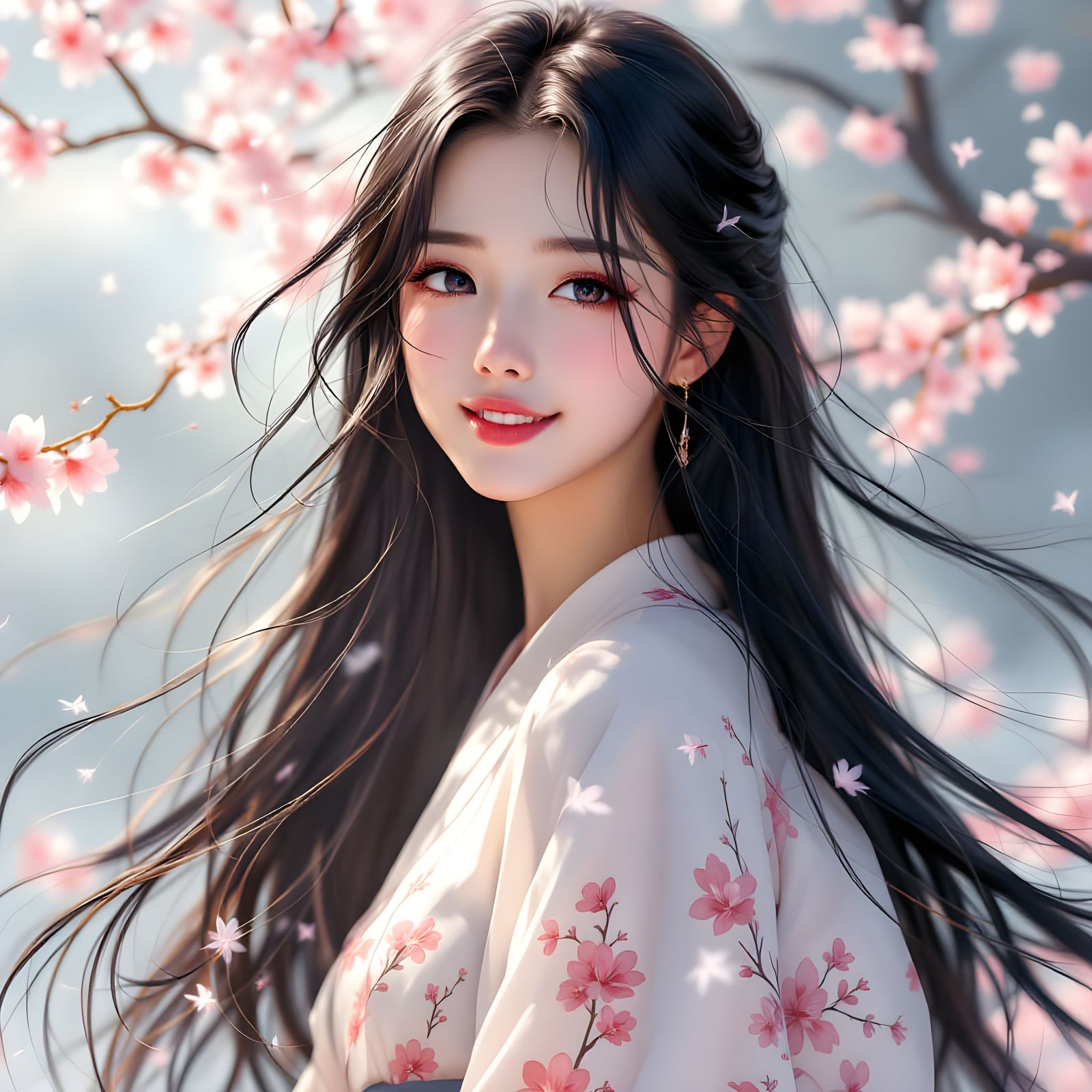 Anime full body picture of a woman. With eyes like pools of liquid amethyst and a smile that could melt glaciers, she po...