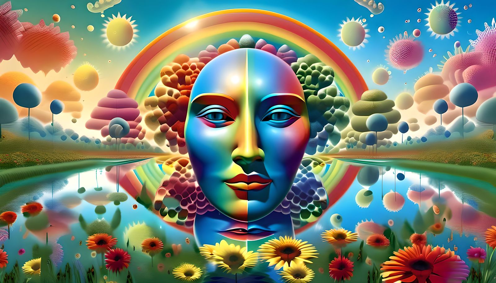 Mystic Face Over Lake: Fractal Art in Rainbow Colors