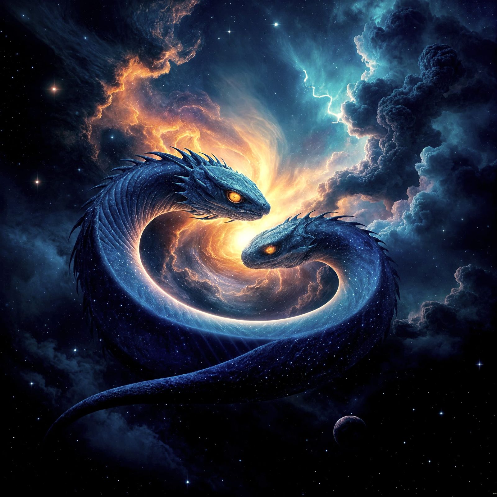 Celestial Serpent Duo in Nebula, Photorealistic Style