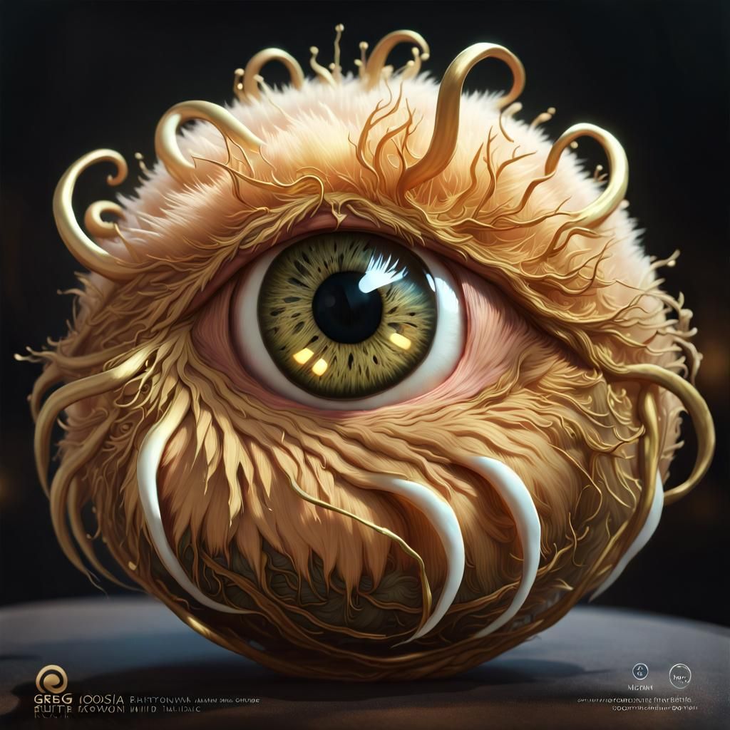 Realistic character modelling of a Cycloptic ball of tendril fur that's dripping golden ooze, gigantic eye with tiny mou...